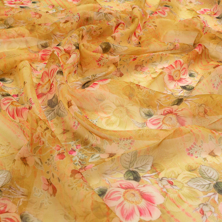 FAB VOGUE Studio - Digital Printed Chiffon Fabric - Yellow Floral Pattern