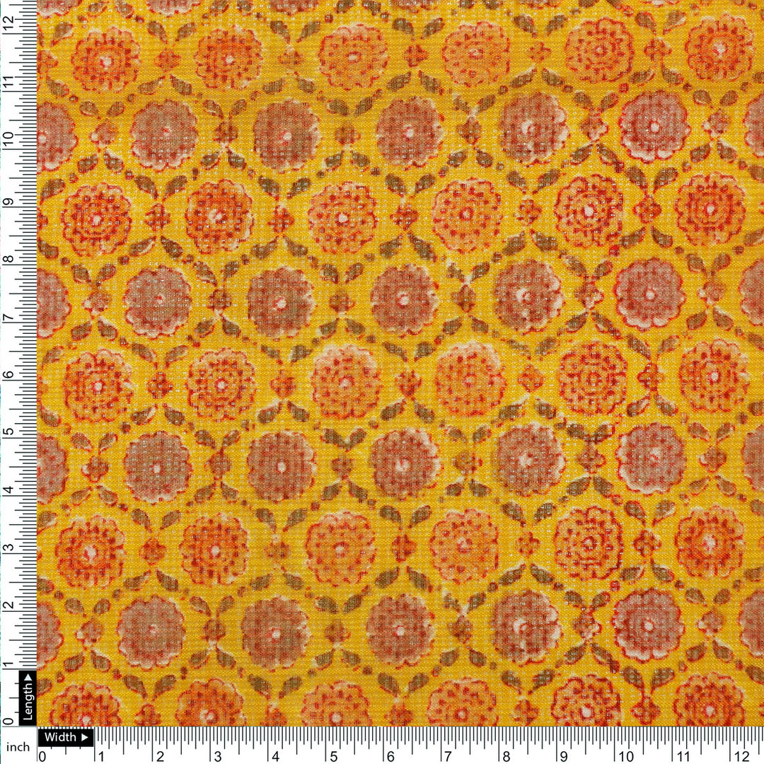 FAB VOGUE Studio Kota Doria Digital Printed Fabric - Mustard Yellow Floral