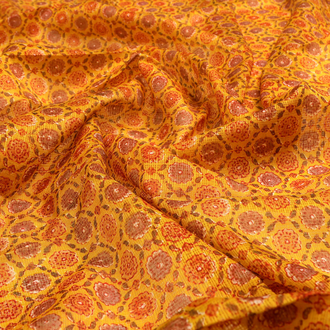 FAB VOGUE Studio Kota Doria Digital Printed Fabric - Mustard Yellow Floral