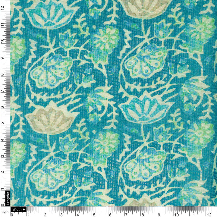 FAB VOGUE Studio Kota Doria Digital Printed Fabric - Teal Floral Pattern