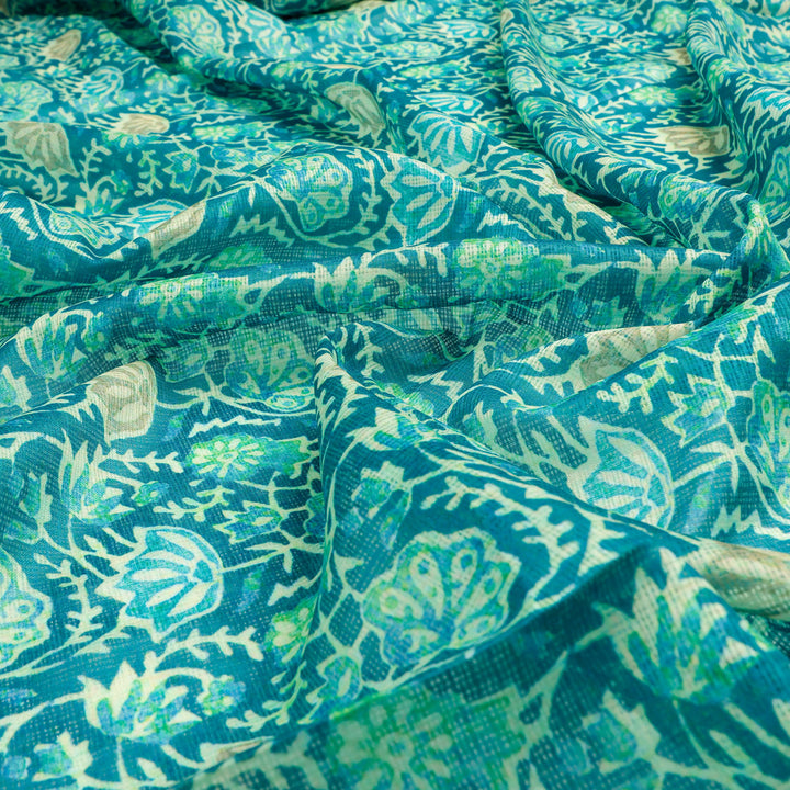 FAB VOGUE Studio Kota Doria Digital Printed Fabric - Teal Floral Pattern