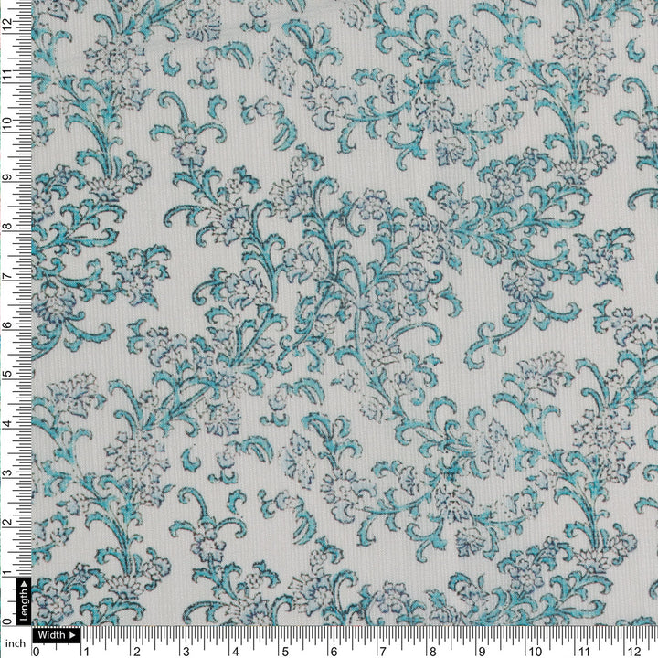 FAB VOGUE Studio Kota Doria Digital Printed Fabric - Teal Floral