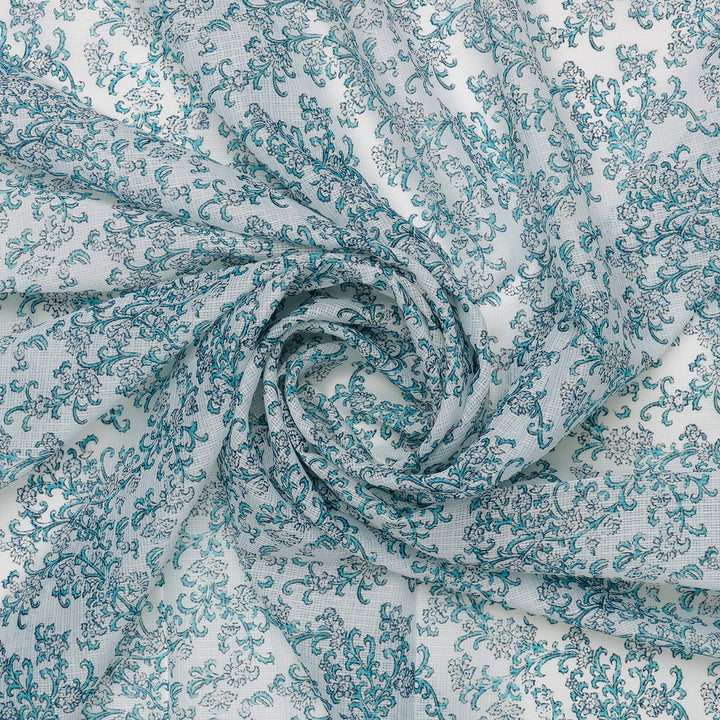 FAB VOGUE Studio Kota Doria Digital Printed Fabric - Teal Floral