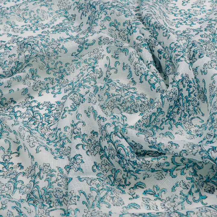 FAB VOGUE Studio Kota Doria Digital Printed Fabric - Teal Floral