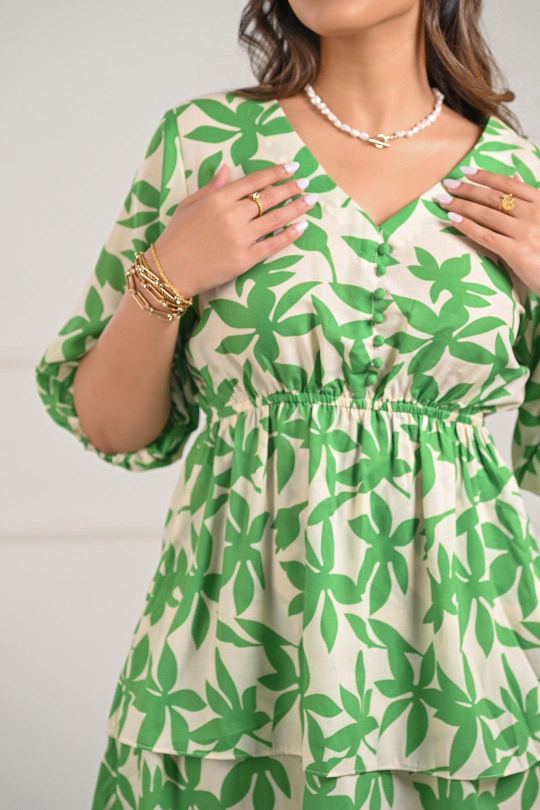 Green Leaf Printed Midi Dress