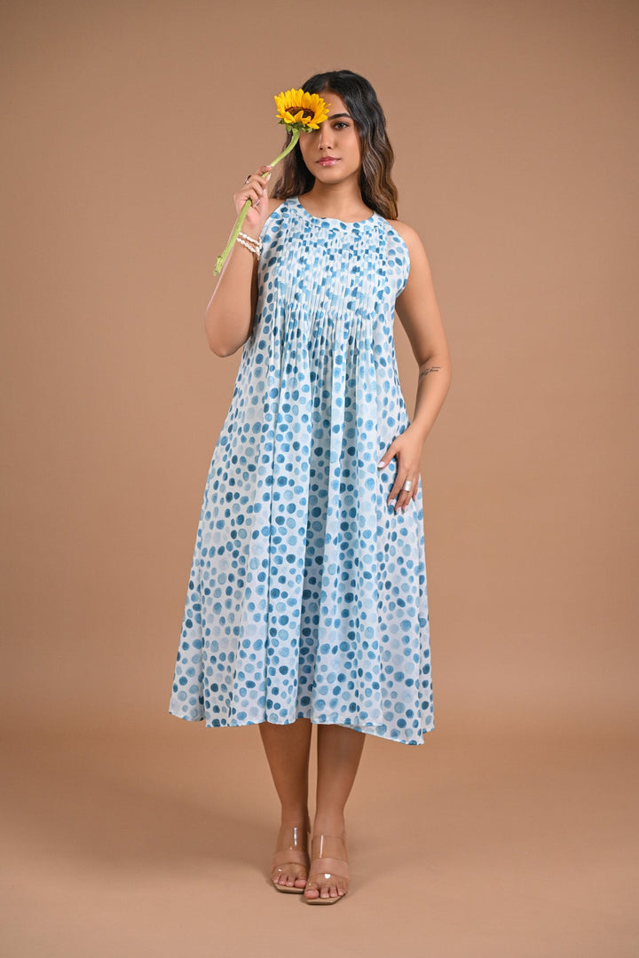 Pleated Blue Dot Midi Dress