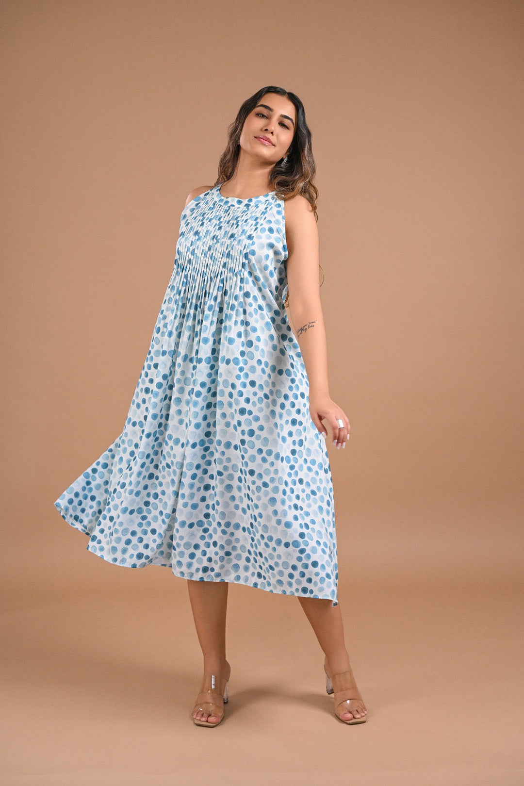 Pleated Blue Dot Midi Dress