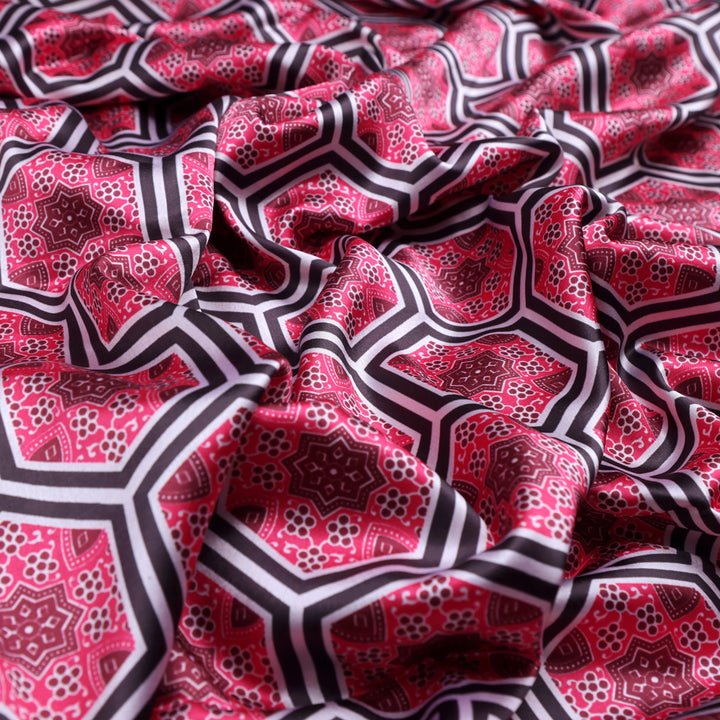 Pink and Black Hexagon Pattern Printed Japan Satin Fabric