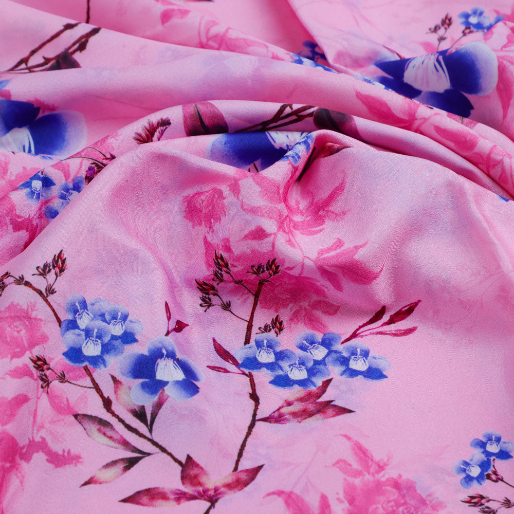 Classy Pink Floral Digital Printed Silk Crepe Fabric