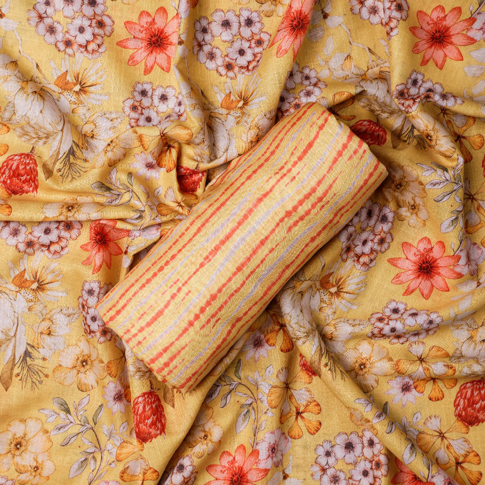 Yellow Muslin Printed Unstitched Fabric Set (5 Meter Set)