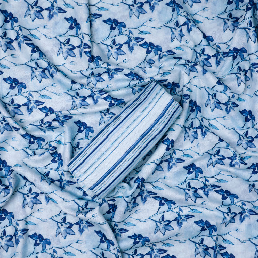 Blue Linen Printed Unstitched Fabric Set (5 Meter Set)