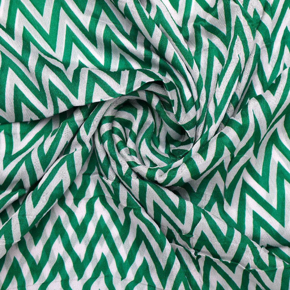 Classy Green and White Zigzag Digital Printed Pure Chinon Fabric