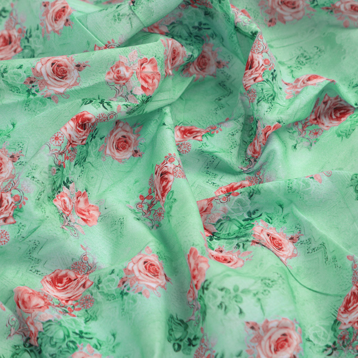 Pink Roses With Pista Background Roses Digital Printed Fabric - Pure Cotton