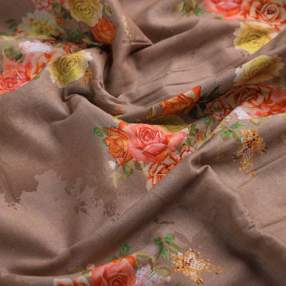 Lovely Yellow Roses With Jasmin Digital Printed Fabric - Cotton