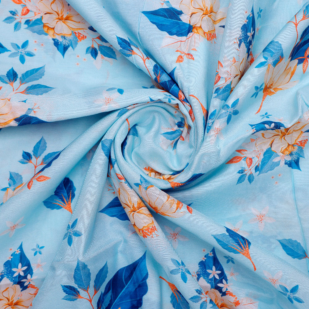 Pastel Blue Muslin Cotton Floral Printed Fabric