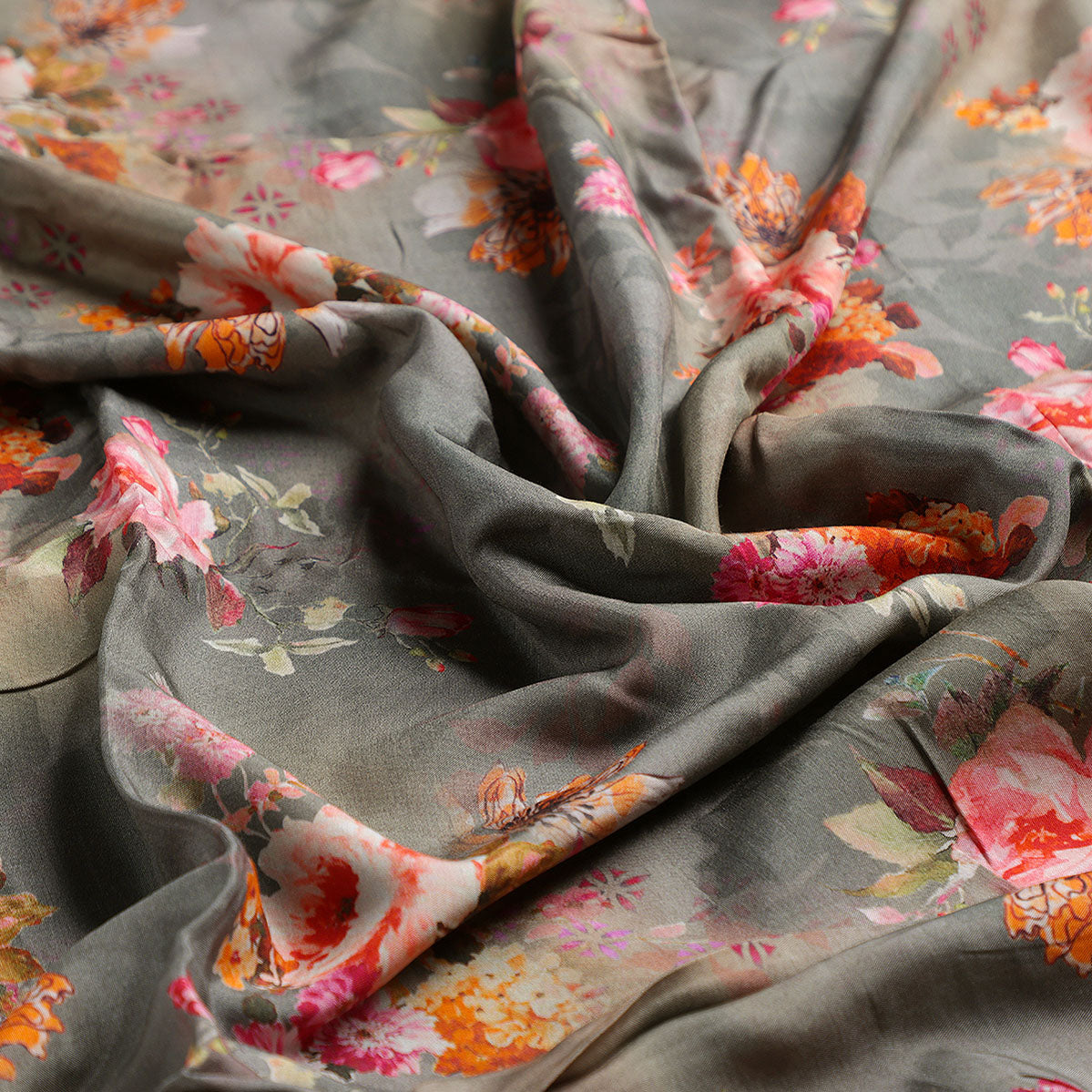 Painted Flower Bunch On Grey Palate Digital Printed Fabric  - Pure Muslin