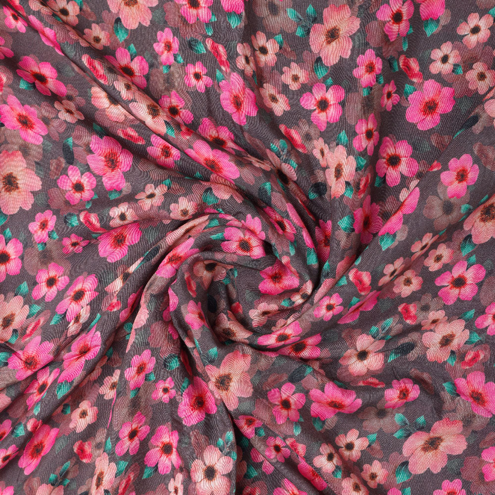 Classy Pink and Gray Floral Pure Muslin Digital Printed Fabric