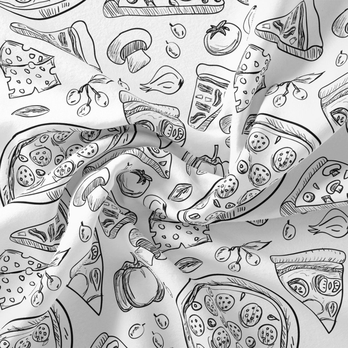 White Muslin Digital Printed Fabric With Quirky Pizza Prints For Kids