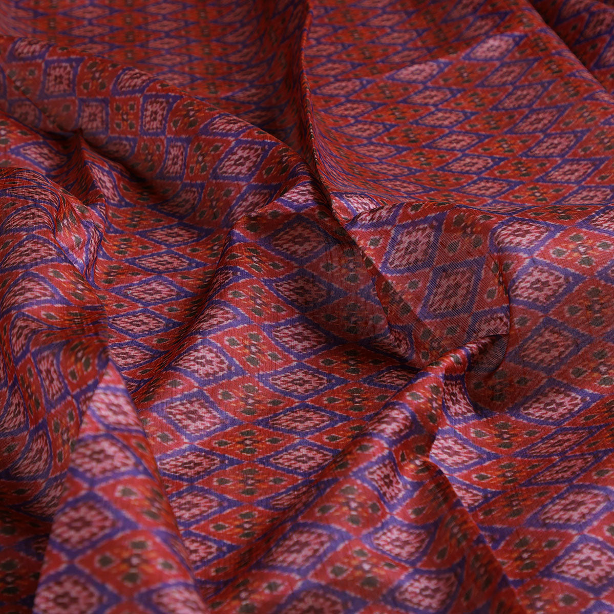 Maroon Ikat-Patola Type Pattern Design Printed Fabric