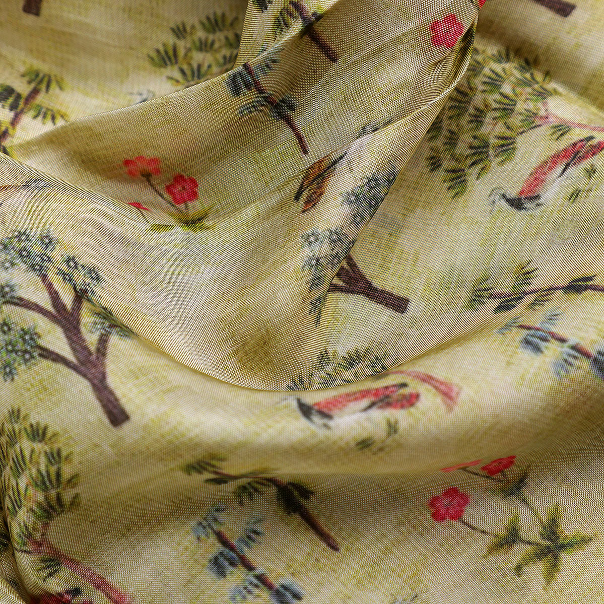 Pista Chinoiserie With Birds Digital Printed Fabric - Upada Silk