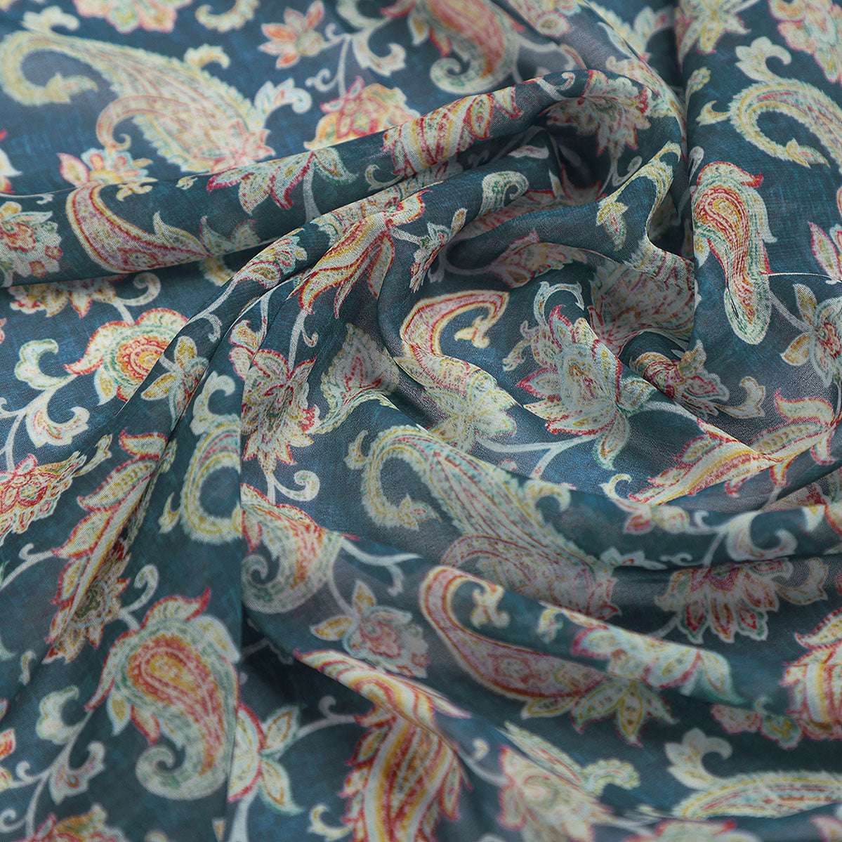 Multi color Paisley Over Blue Base Digital Printed Fabric