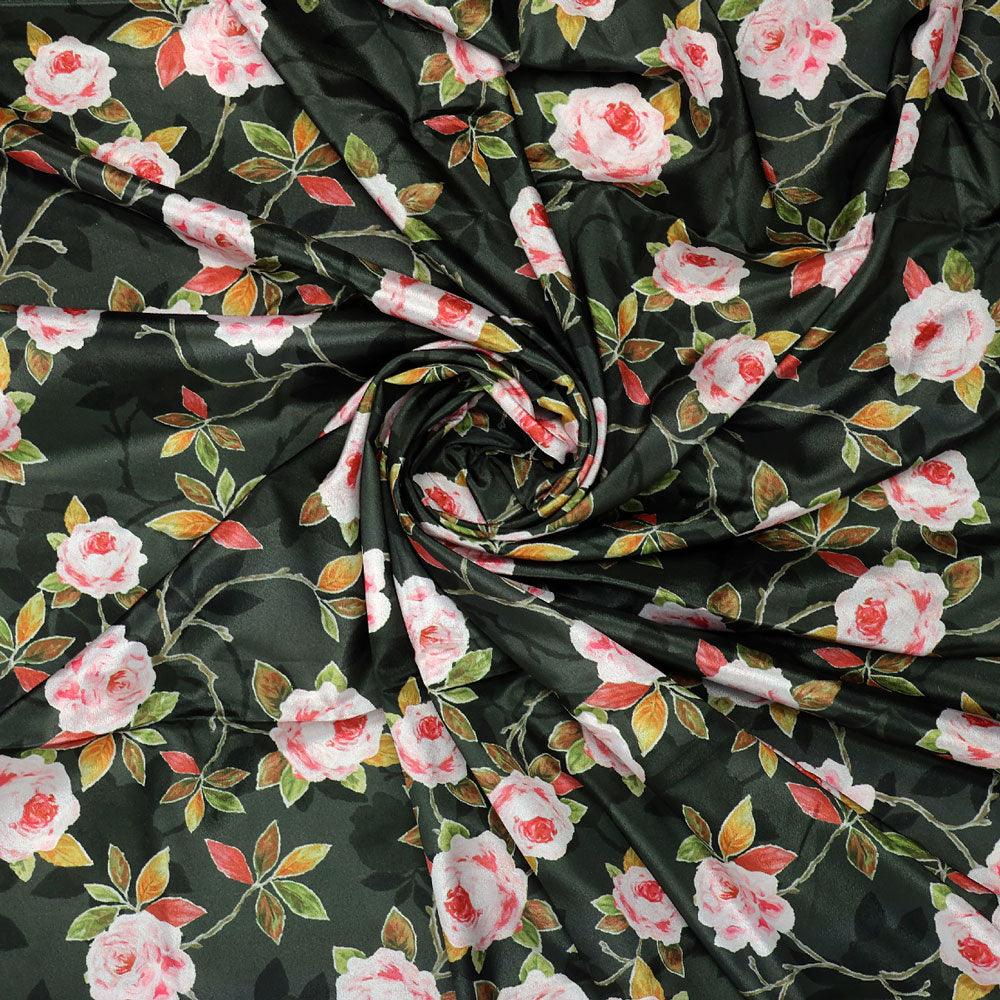 Ditsy Pink Rose With Green Leaves Digital Printed Fabric - Crepe - FAB VOGUE Studio®