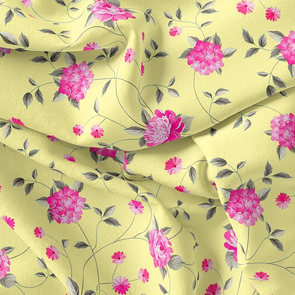 Pink Flower On Lemon Yellow Digital Printed Fabric - Crepe - FAB VOGUE Studio®