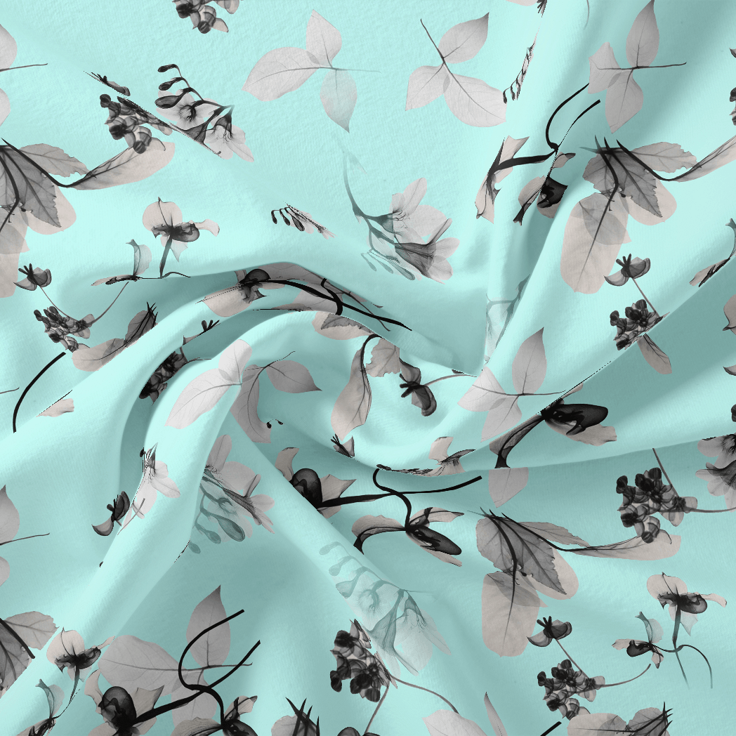 Morden Grey Leaves With Branch Digital Printed Fabric - Silk Crepe - FAB VOGUE Studio®