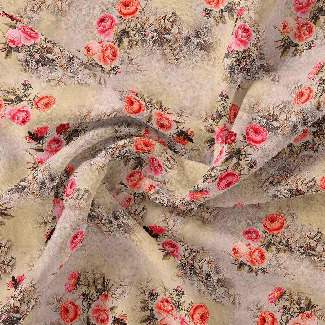 Vintage Art Of Roses With Leaves Digital Printed Fabric - Silk Crepe - FAB VOGUE Studio®