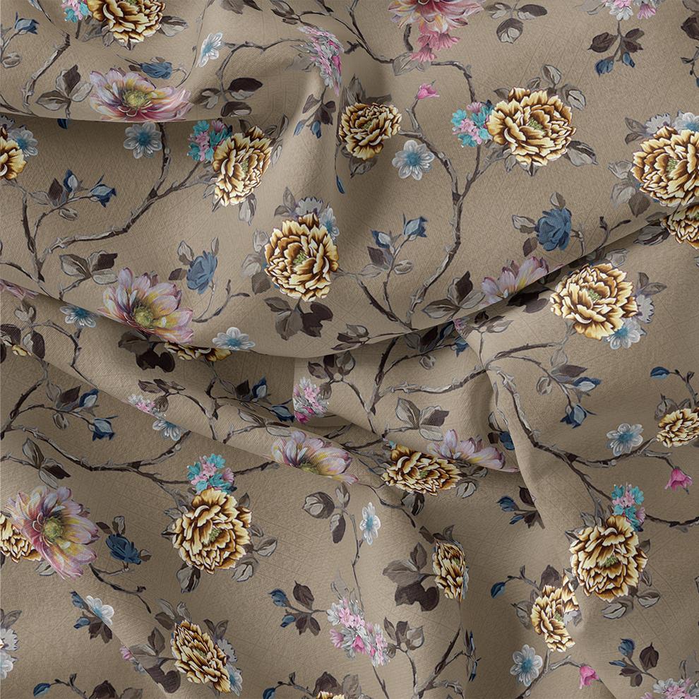 Coffee Grey Flower With Branch Digital Printed Fabric - Crepe - FAB VOGUE Studio®