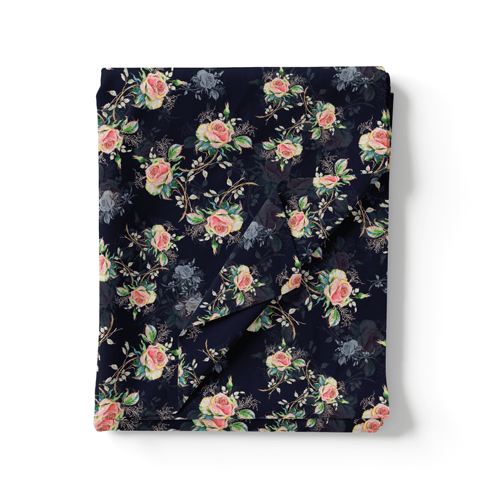 Colourful Roses With Multicolour Branch Digital Printed Fabric - Silk Crepe - FAB VOGUE Studio®