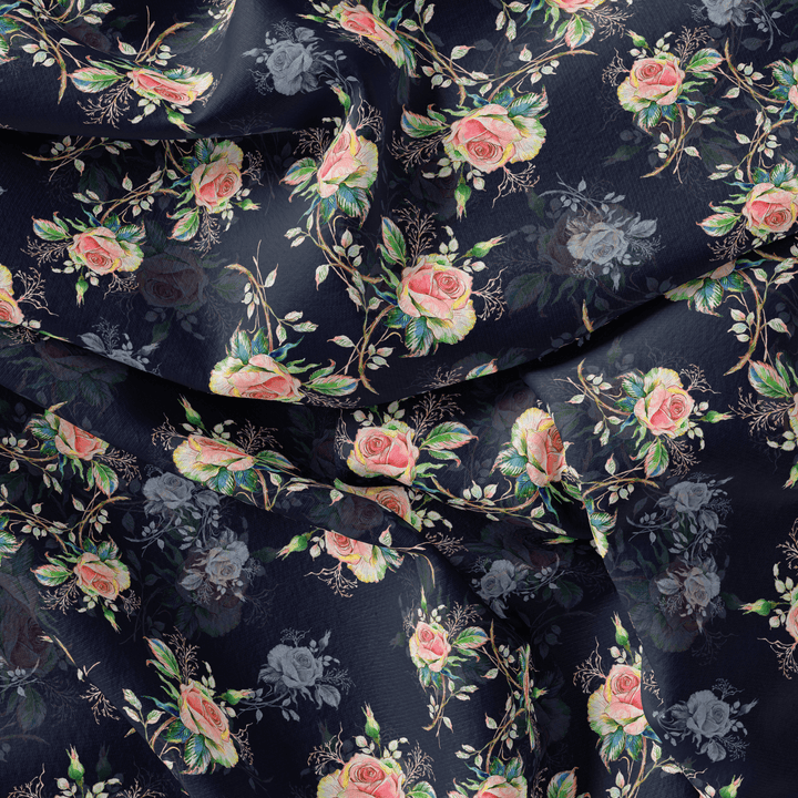 Colourful Roses With Multicolour Branch Digital Printed Fabric - Silk Crepe - FAB VOGUE Studio®