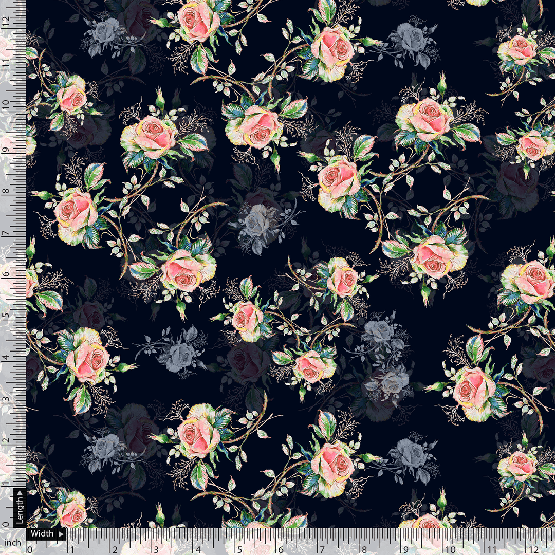 Colourful Roses With Multicolour Branch Digital Printed Fabric - Silk Crepe - FAB VOGUE Studio®