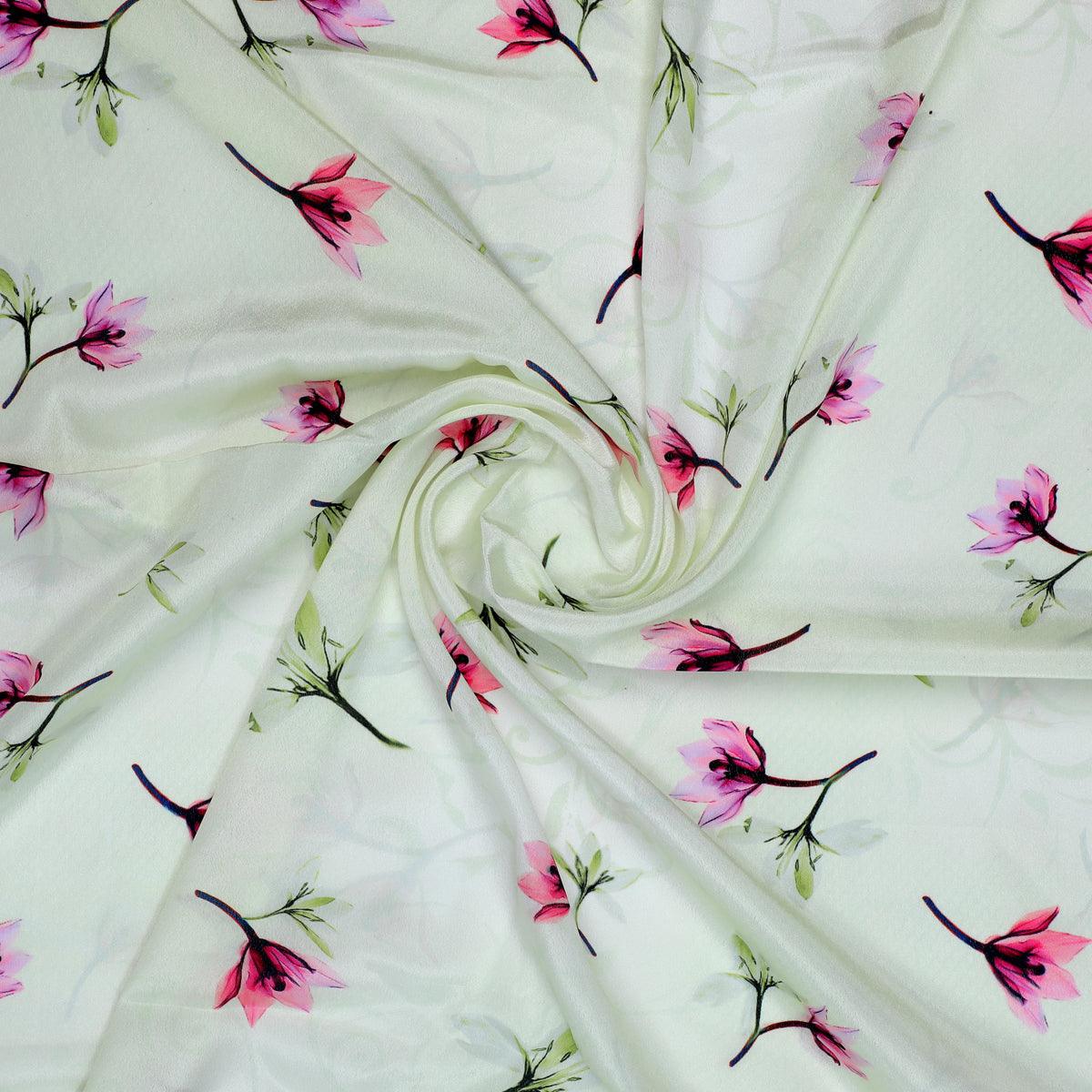 Pink Red Floating Flower On Lemon Yellow Digital Printed Fabric - Crepe - FAB VOGUE Studio®