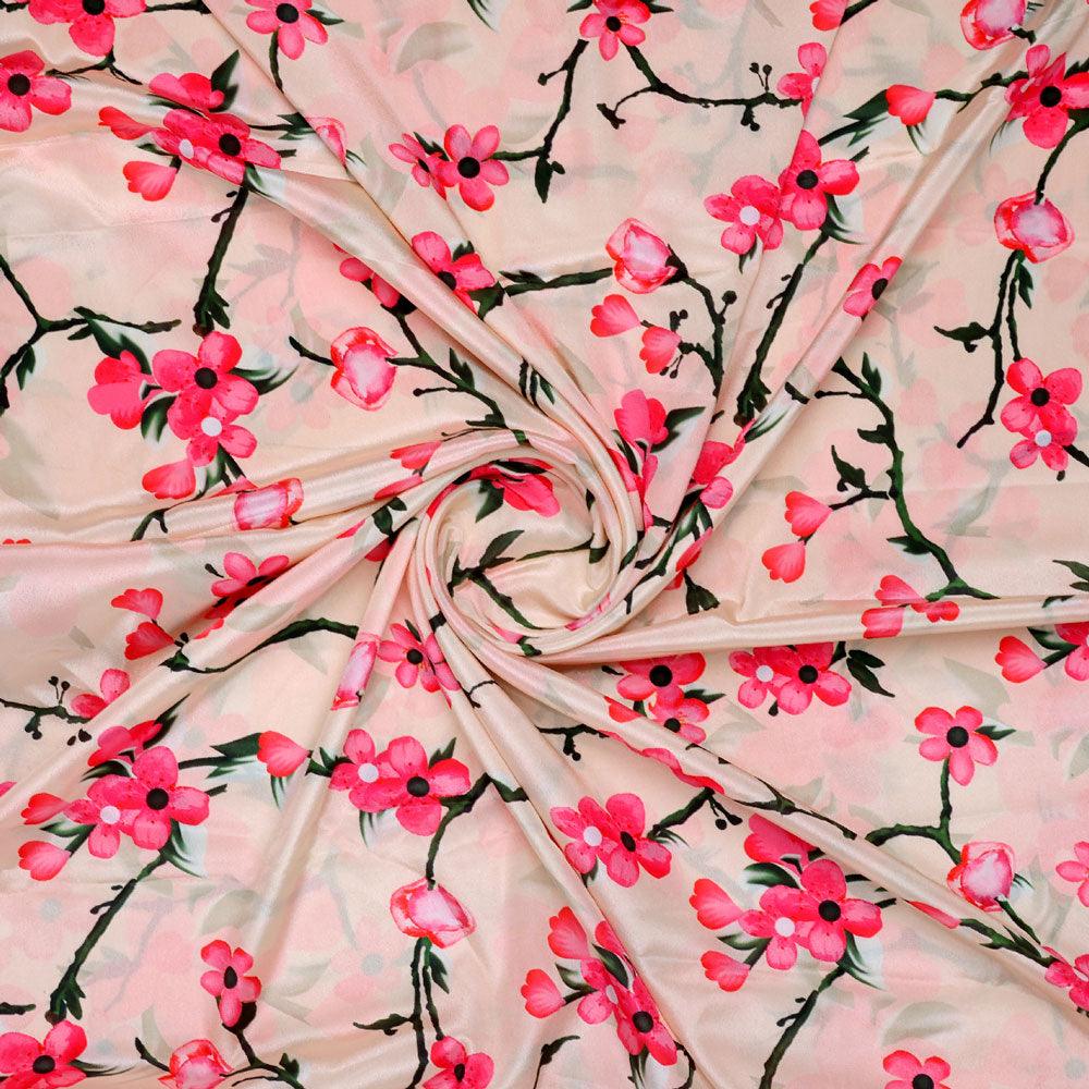 Cherry Red Flower With Branch Digital Printed Fabric - Crepe - FAB VOGUE Studio®