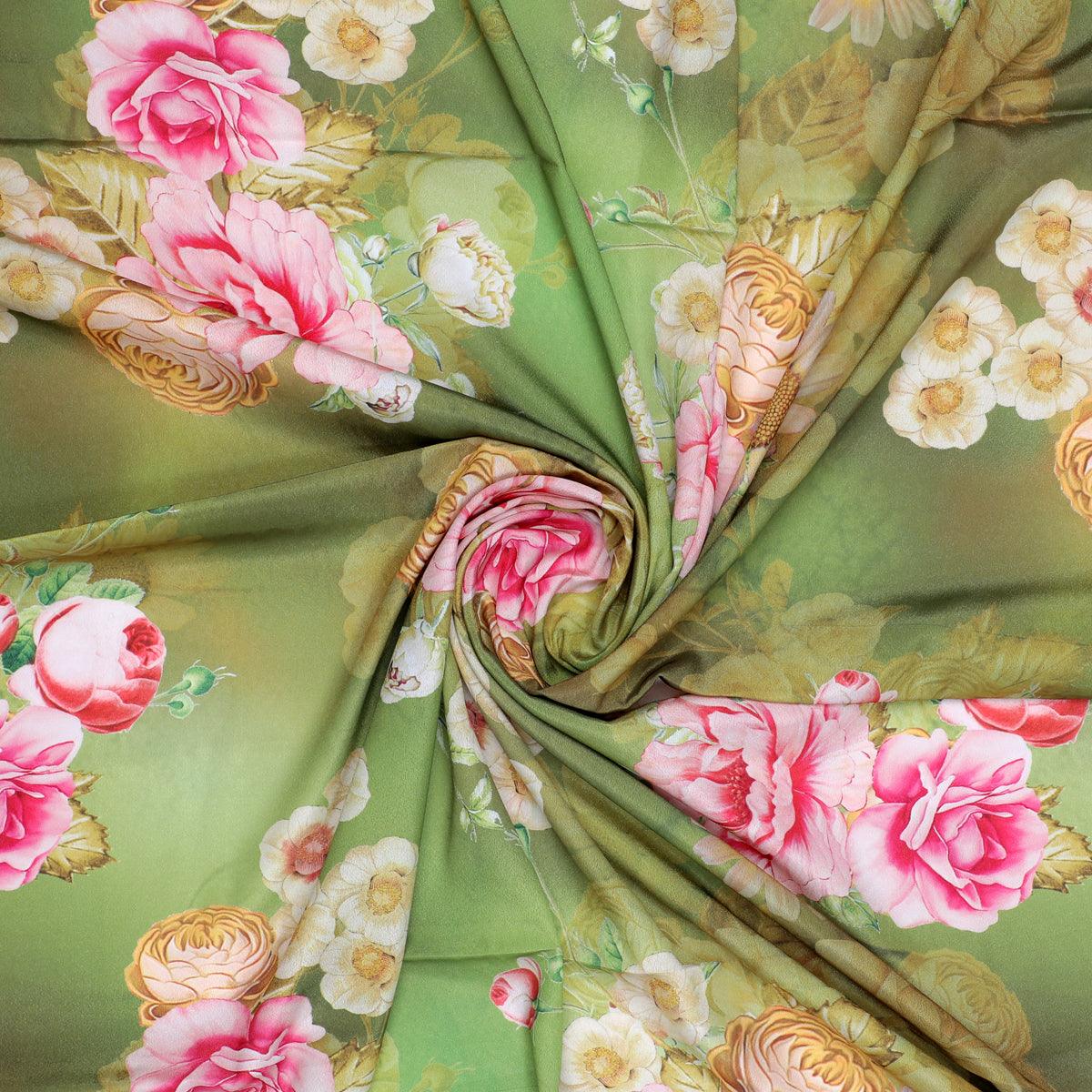 Pink Rose On Green Palate Digital Printed Fabric - Crepe - FAB VOGUE Studio®