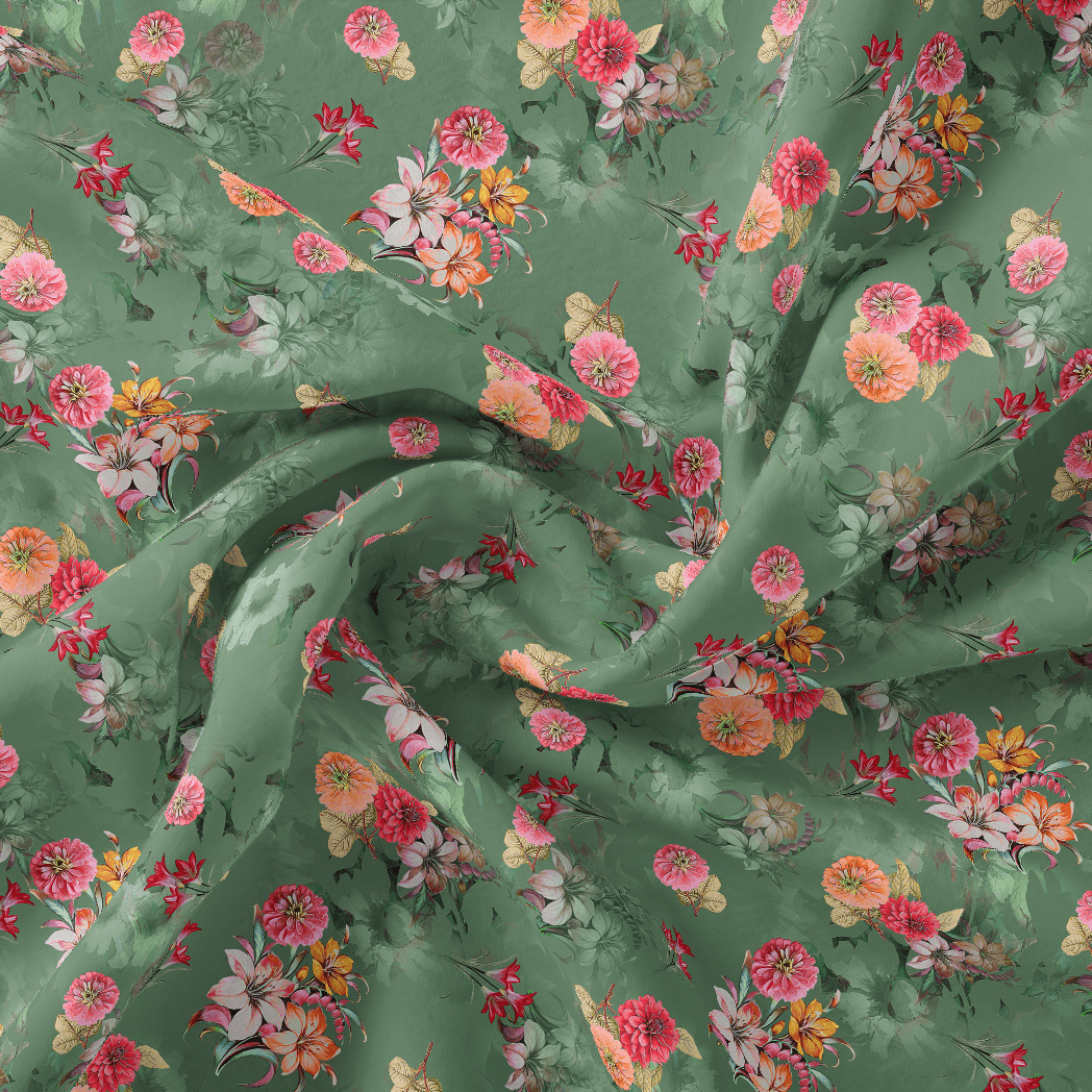 Lovely Chrysanthemum With Multi Flower Printed Fabric - Silk Crepe - FAB VOGUE Studio®