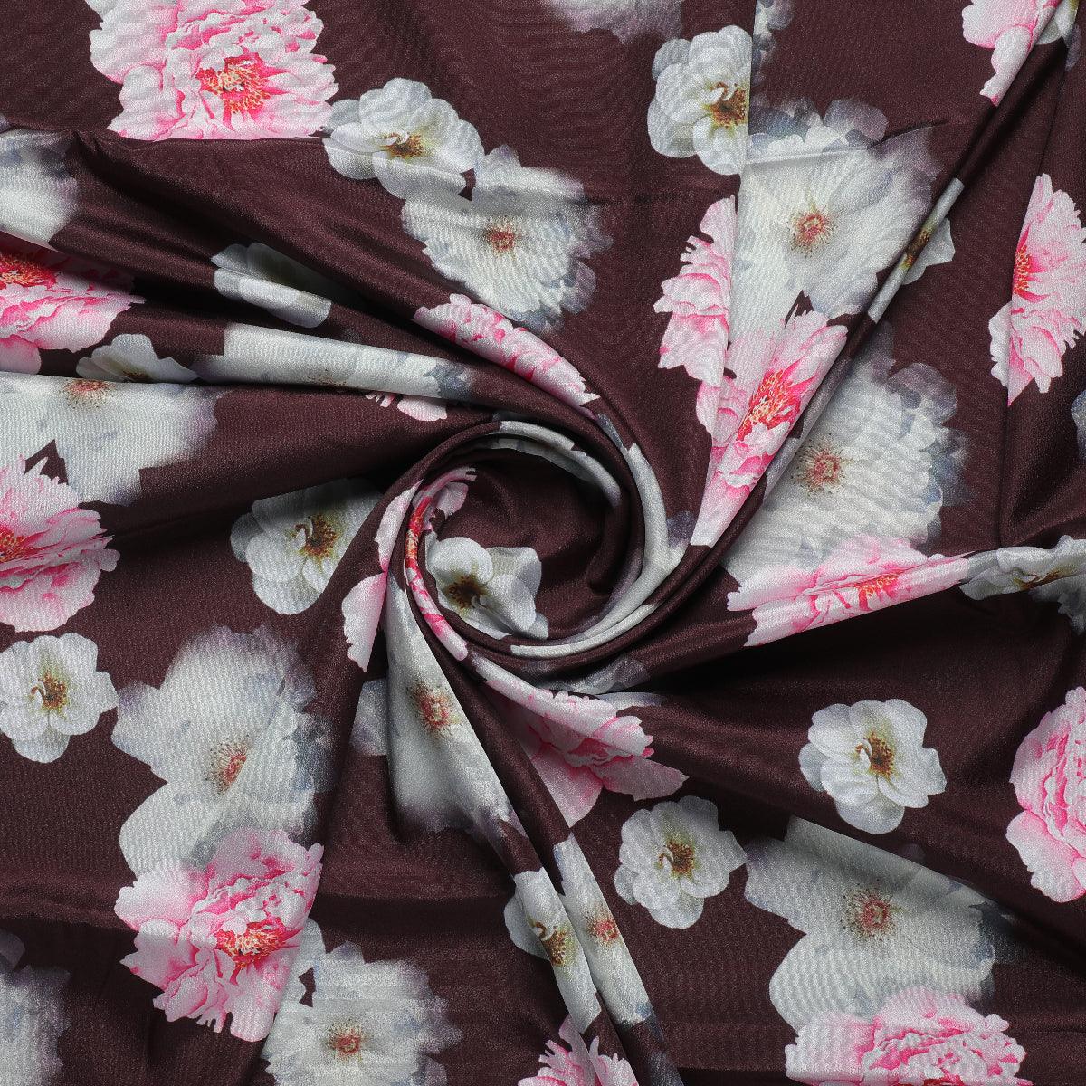 Attractive Pink Roses With Grey Digital Printed Fabric - Silk Crepe - FAB VOGUE Studio®