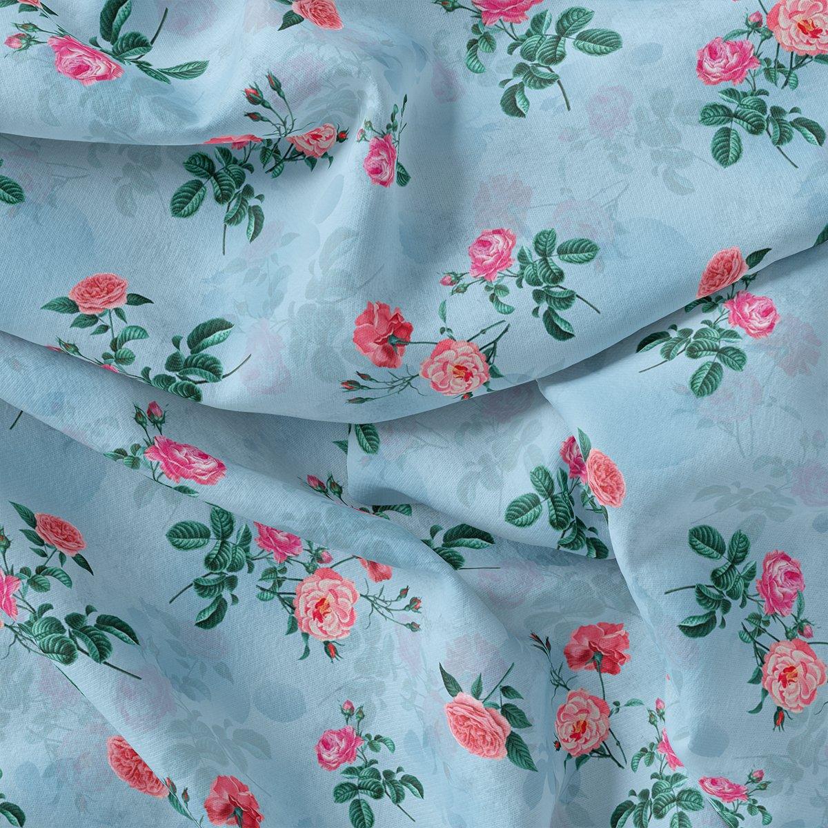 Aspen Green Leaf With Pink Rose Digital Printed Fabric - Crepe - FAB VOGUE Studio®