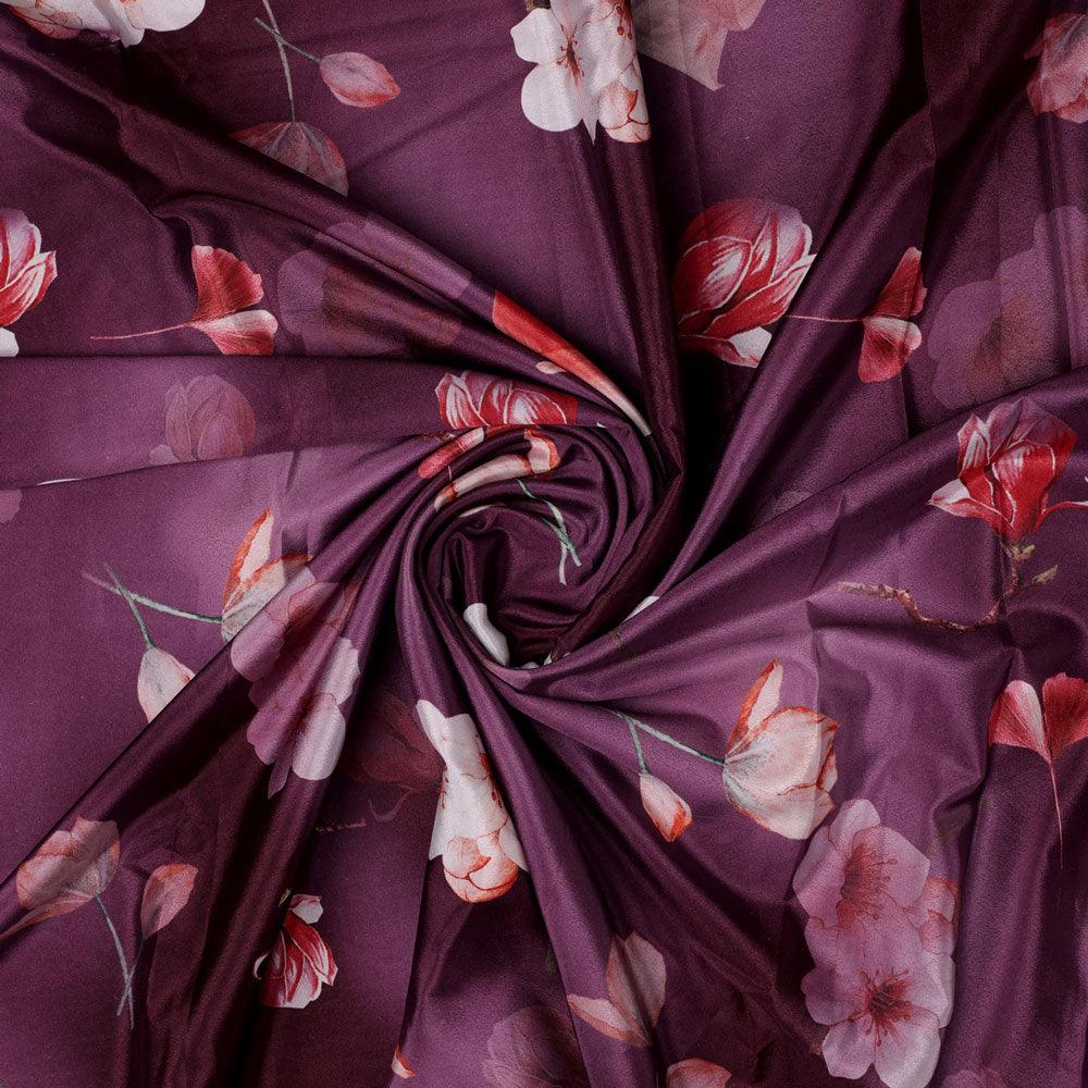 Shiny Red Tulip With Cherry Blossom Flower Digital Printed Fabric - Silk Crepe - FAB VOGUE Studio®