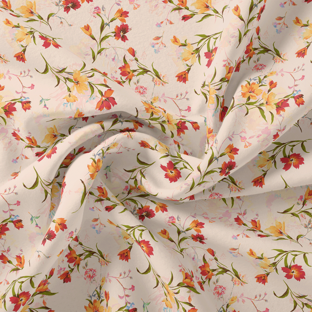 Beautiful Peach Calico Flowed Digital Printed Fabric - Silk Crepe - FAB VOGUE Studio®