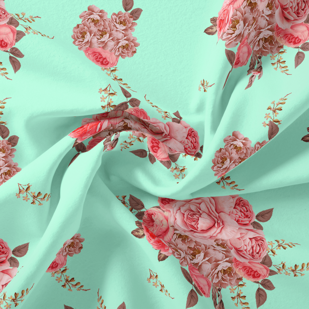 Pink Roses Brown Leaves Digital Printed Fabric - Silk Crepe - FAB VOGUE Studio®