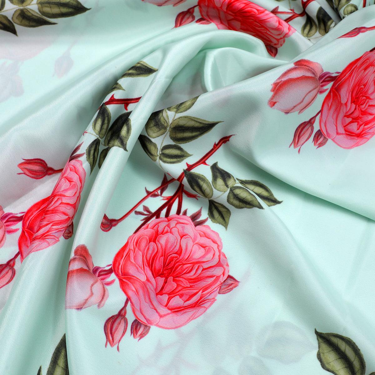 Red Rose Laying on Pista Base Digital Printed Fabric - FAB VOGUE Studio®