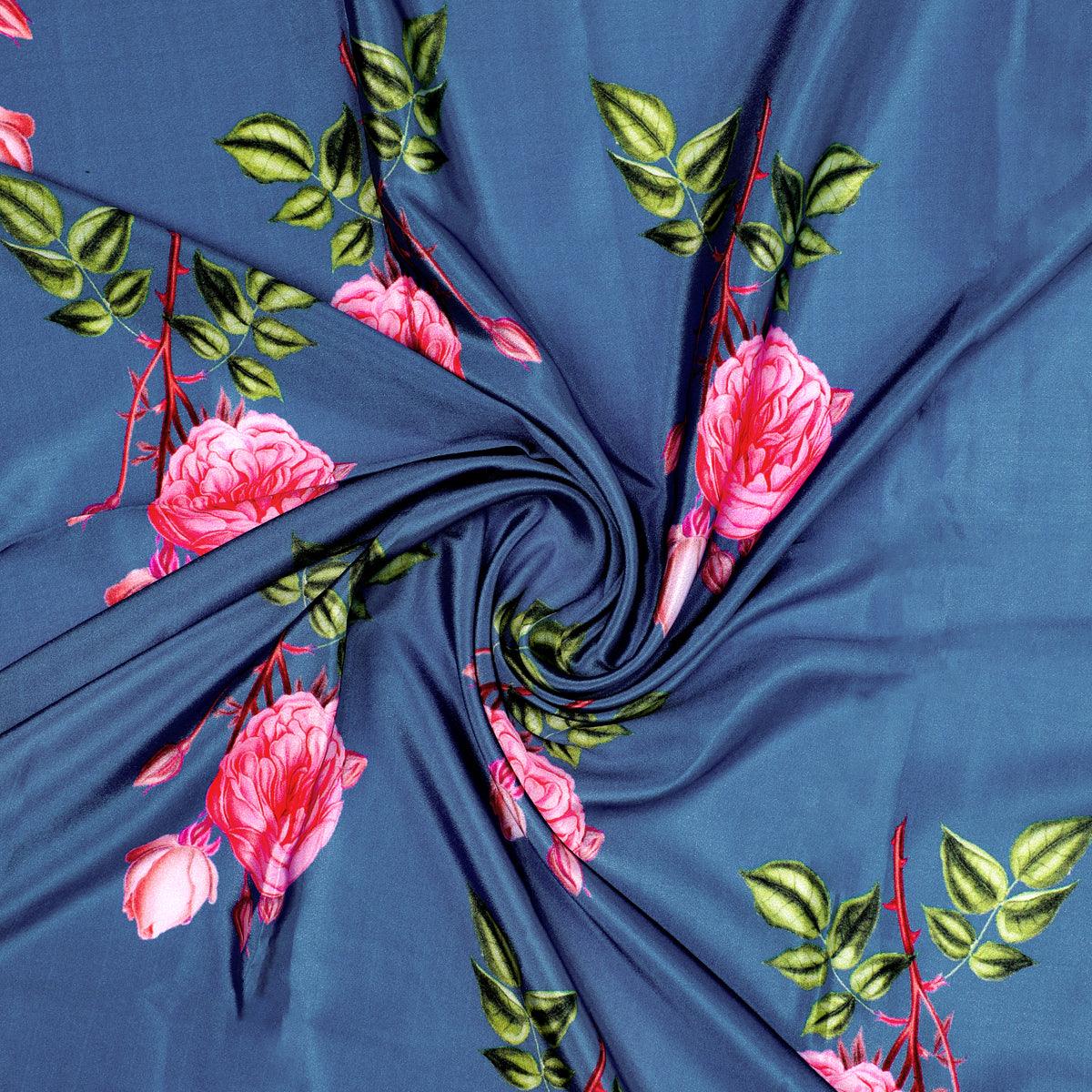 Red Rose Laying Over Blue Base Digital Printed Fabric - FAB VOGUE Studio®