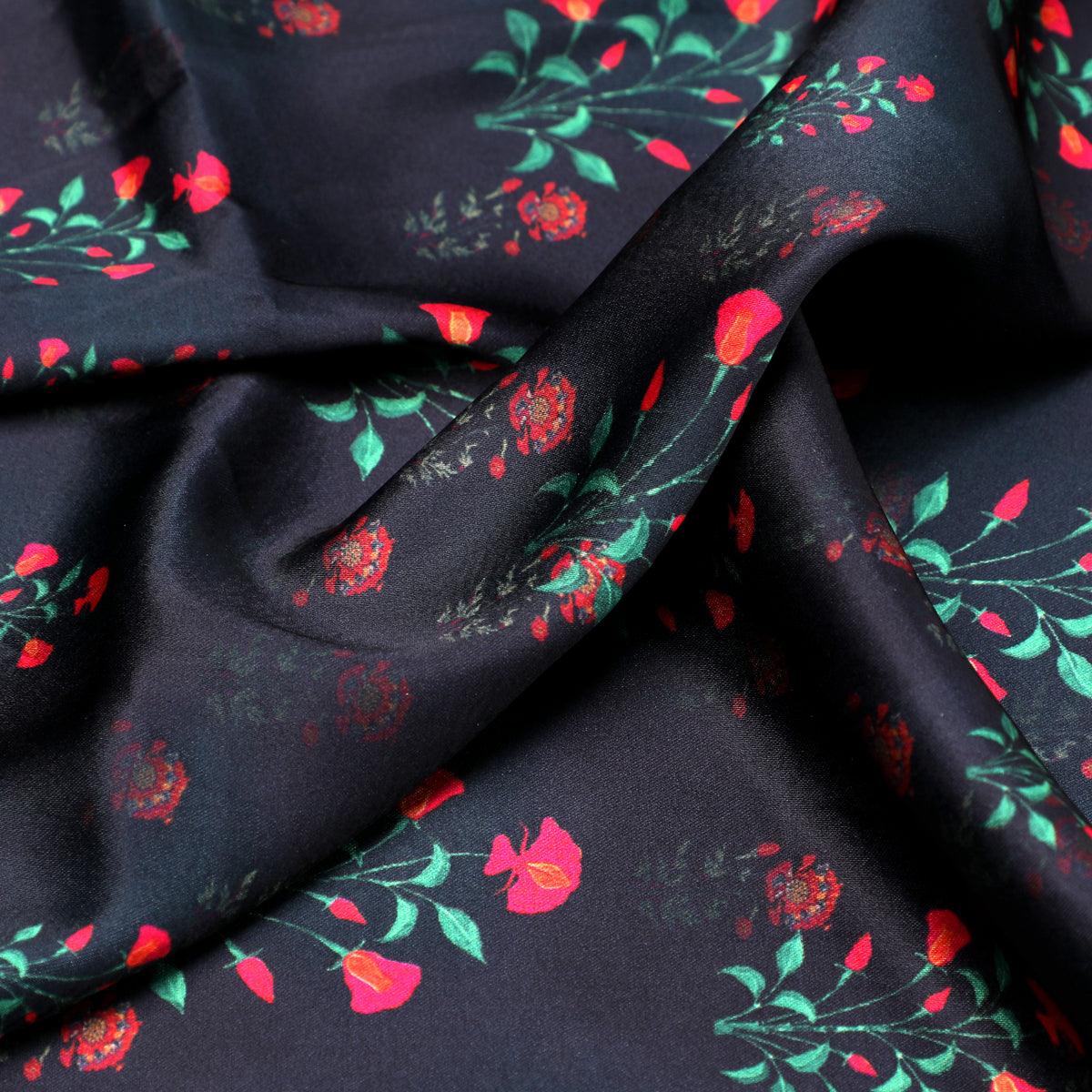 Red Flower over Black Base Difgital Printed Fabric - FAB VOGUE Studio®