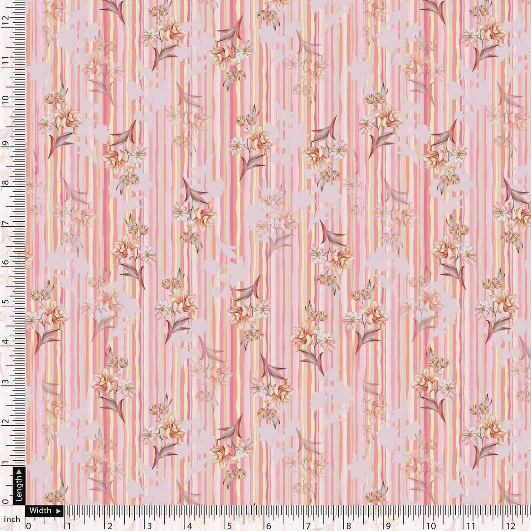 Pink Flower Leaves With Strips Digital Printed Fabric - FAB VOGUE Studio®