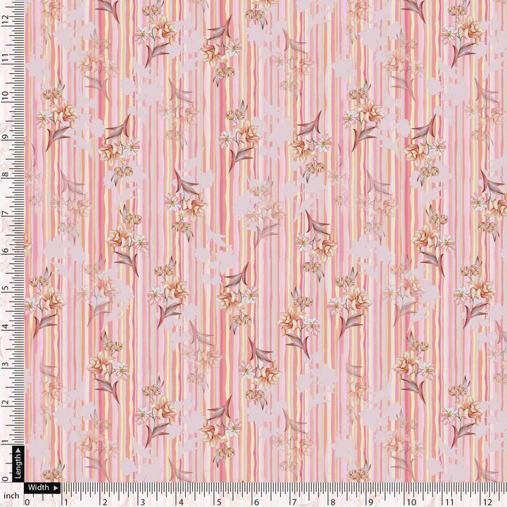 Pink Flower Leaves With Strips Digital Printed Fabric - FAB VOGUE Studio®