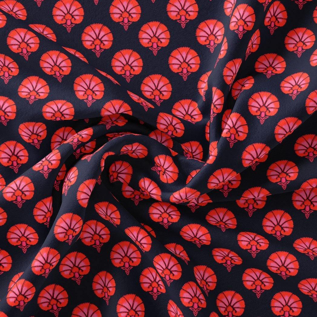 Beautiful Red Floral Over Dark Blue Base Printed Fabric - FAB VOGUE Studio®