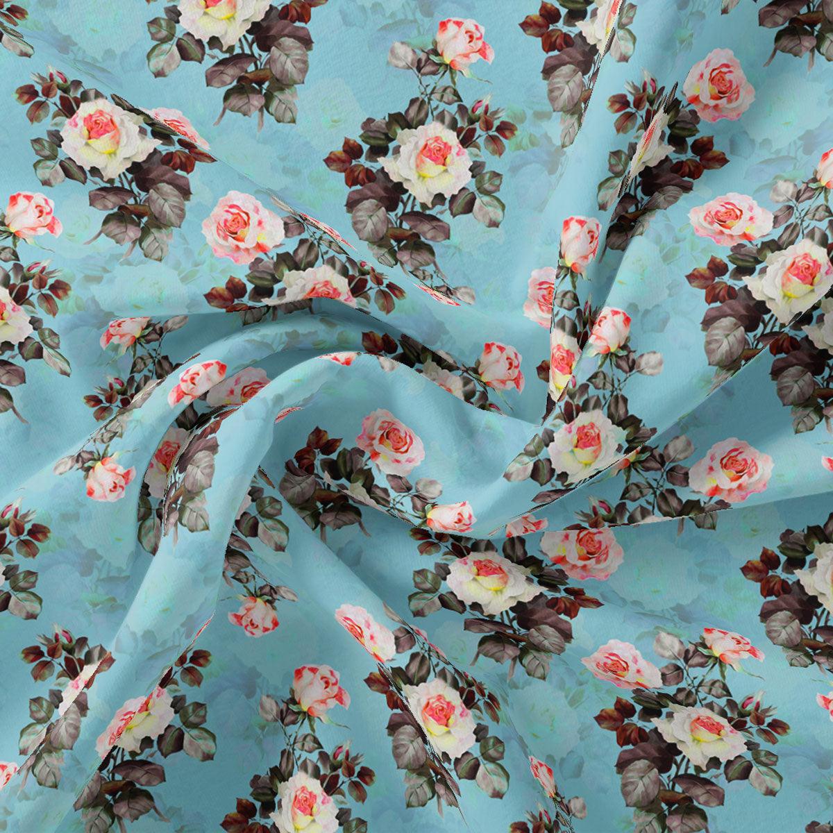 Sky Blue Flower Printed Japan Satin Fabric Material - FAB VOGUE Studio®