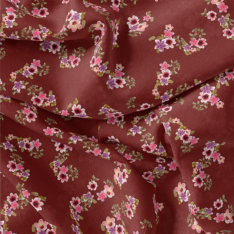 Floating Flowers With Marron Red Digital Printed Fabric - FAB VOGUE Studio®